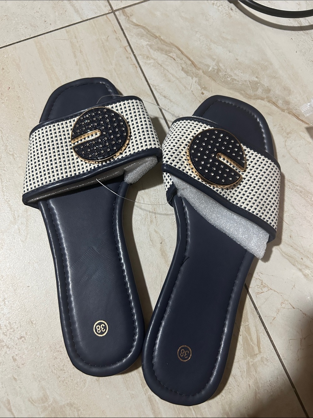Angel Dear Navy and White Slide Sandals with Gold Emblem